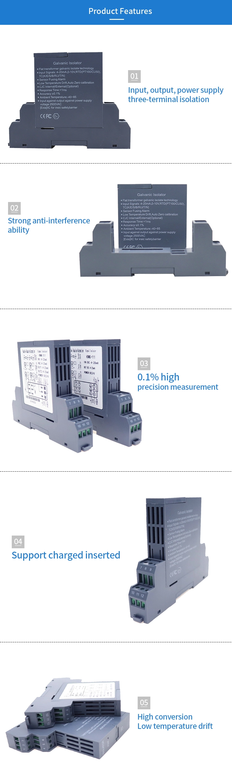 Analog 0-10V Signal Isolator DC 24V 1 in 1 out Signal Converter